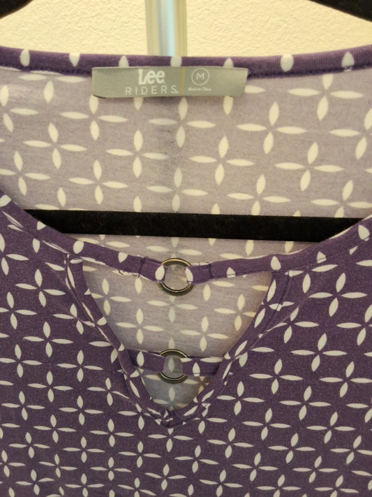 Lee Riders M Purple Geometric Roll-Tab Sleeve V-Neck Blouse Ring Detail Tunic