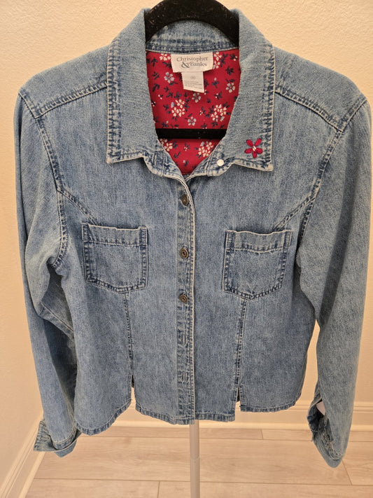 Christopher & Banks Denim Jean Jacket Embroidered Floral Women's Size M Blue Y2K
