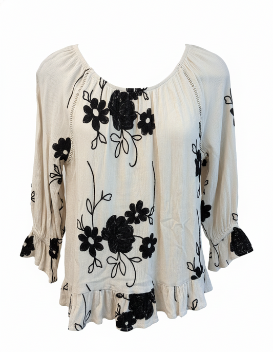 LIV LA Cottagecore Embroidered Floral Ruffle Peplum 3/4 Sleeve B/W Top S