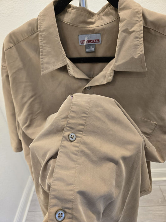 Vintage Quiksilver Short Sleeve Button Up Shirt Tan Y2K Surfwear Skater Style
