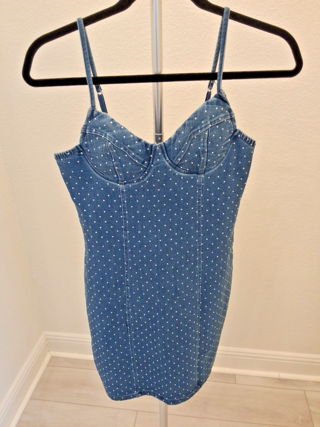 IRIS Polka Dot Denim Sleeveless Zip Size M Jewel Cubic Jean Bodycon