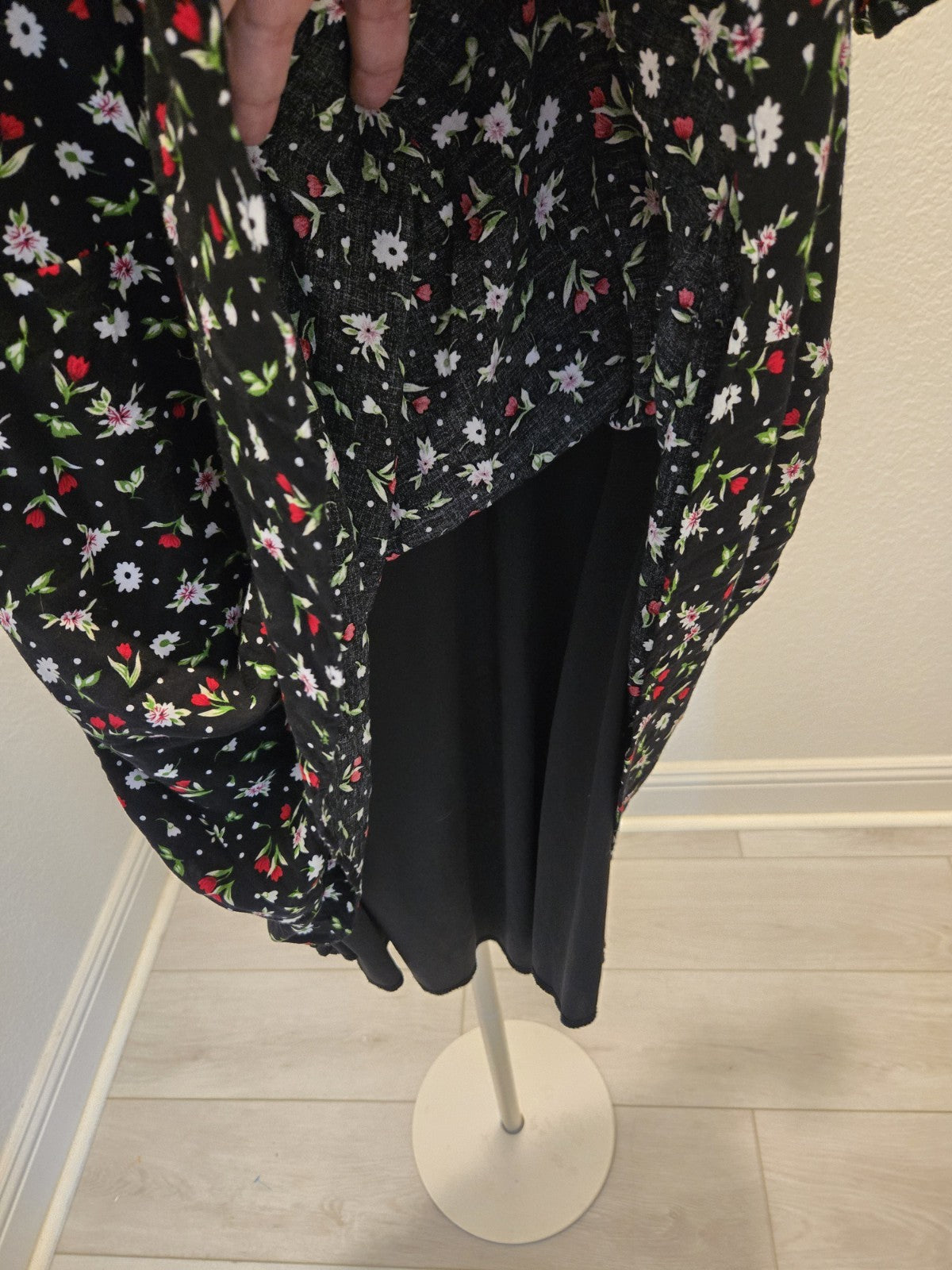 Dream Ofie L Floral Mini Dress Womens Puff Sleeve Sweetheart Neck Black Summer