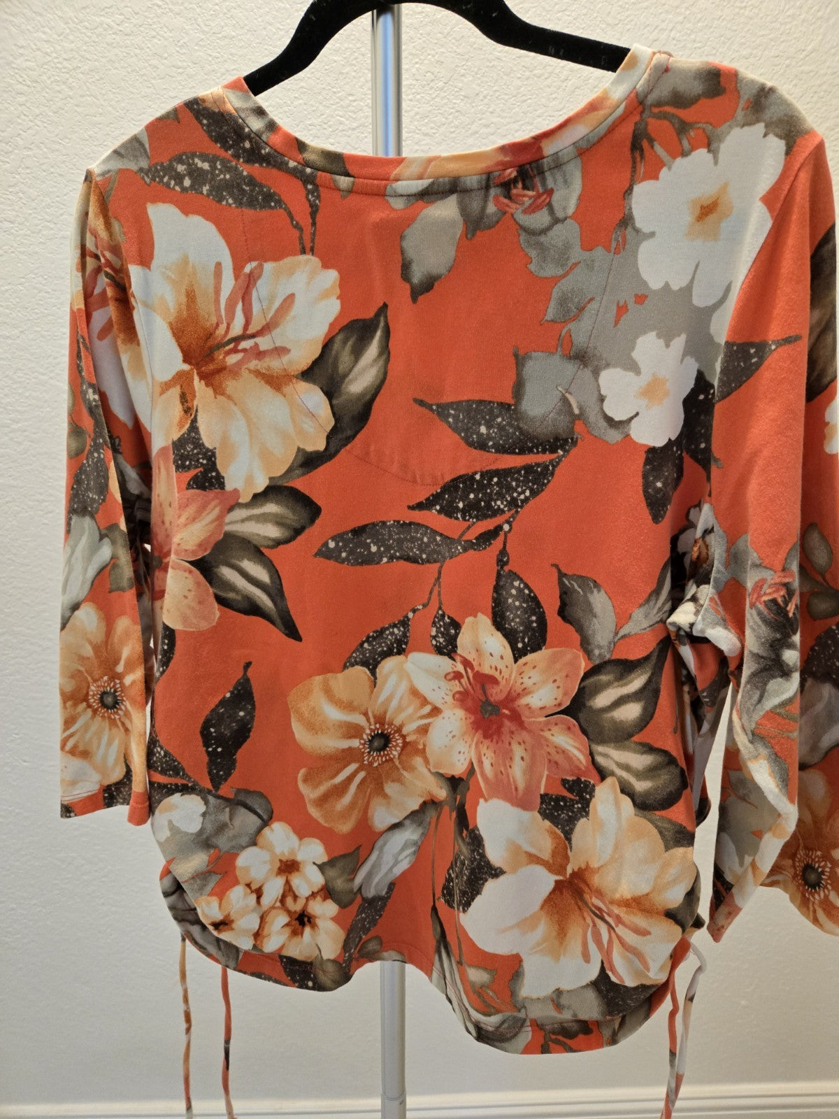 Caribbean Joe 1X Orange Tropical Floral Tunic Top Ruched Side Drawstring V-Neck