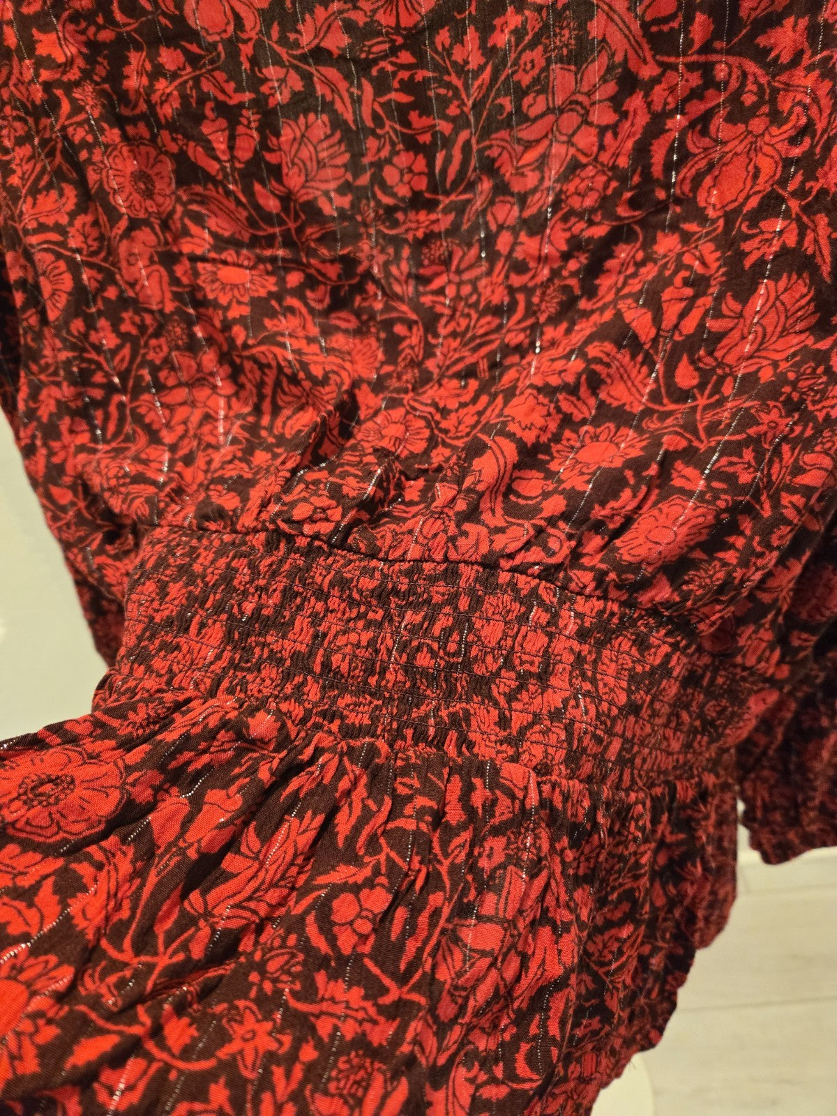 Knox Rose XL Floral Faux Wrap Blouse Womens Red Black Metallic Lurex Peplum Top