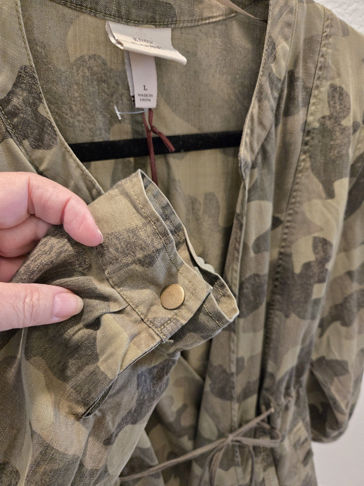 Knox Rose NWT Camo Utility Jacket L Draped Open Front Drawstring Tie Waist Boho