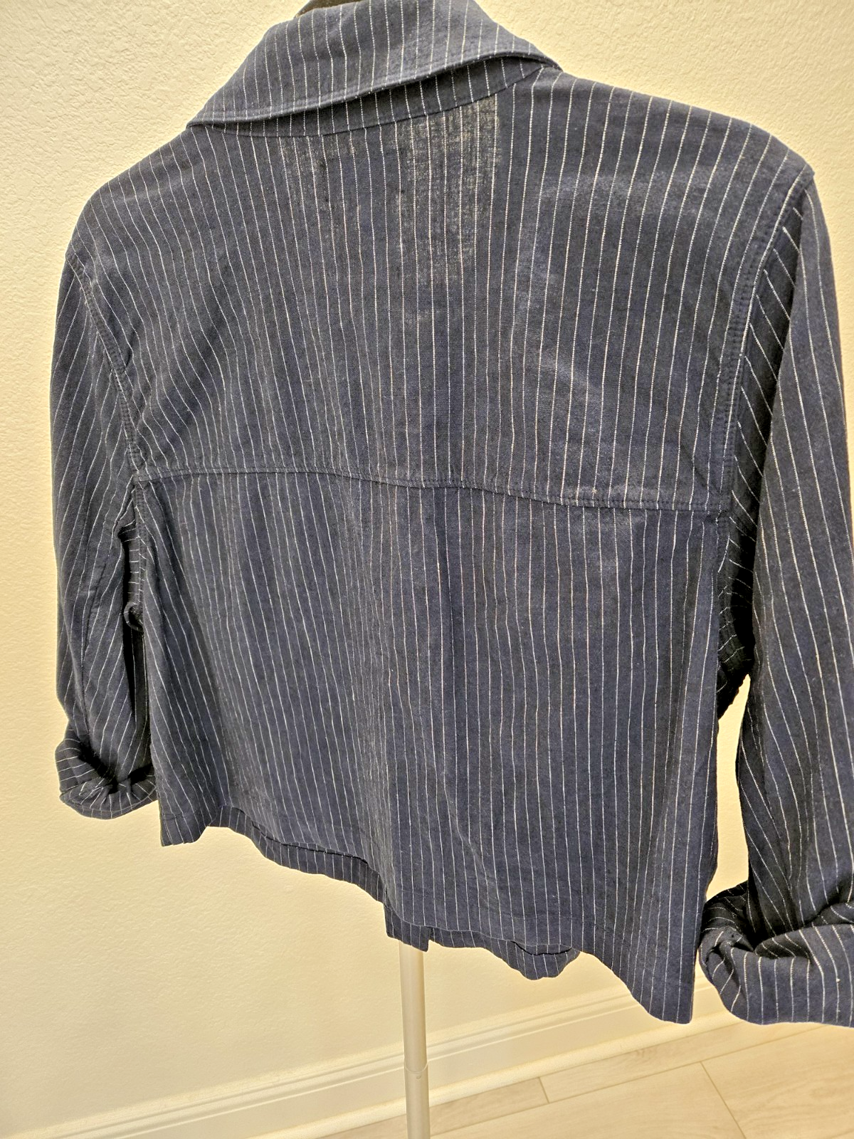 Lane Bryant Striped Linen 14 L Jacket Womens 14 Blue Cropped Shacket Pinstripe