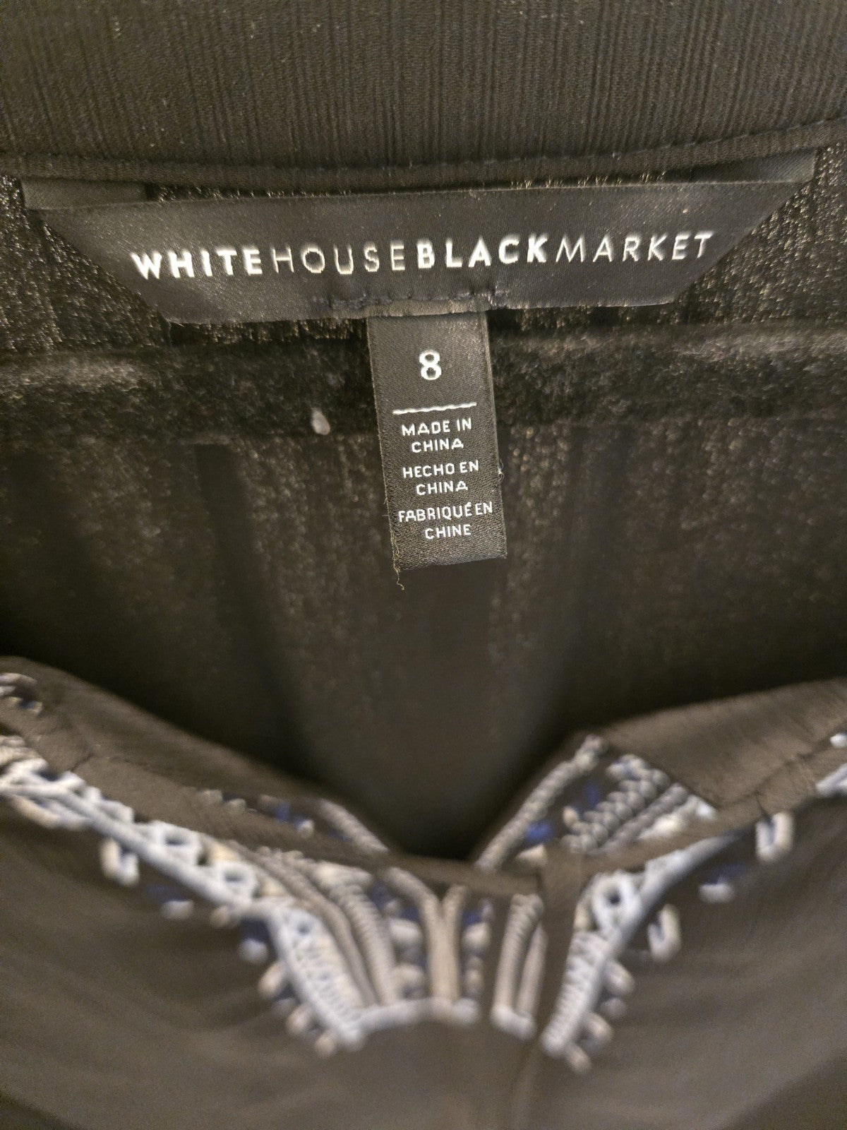 White House Black Market Embroidered New Black w/Tassel Tie Round Neck  Top Sm 8