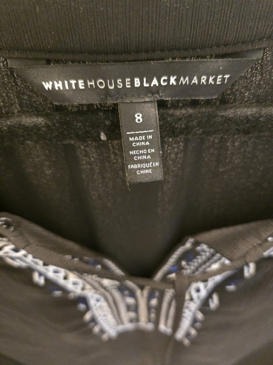 White House Black Market Embroidered New Black w/Tassel Tie Round Neck  Top Sm 8