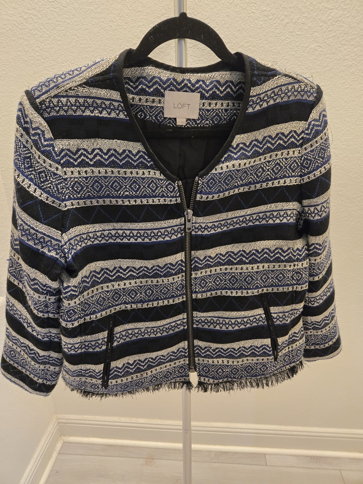 Loft Size 12 Blue White Geometric Woven Tweed Zip Jacket Fringe Trim Women's