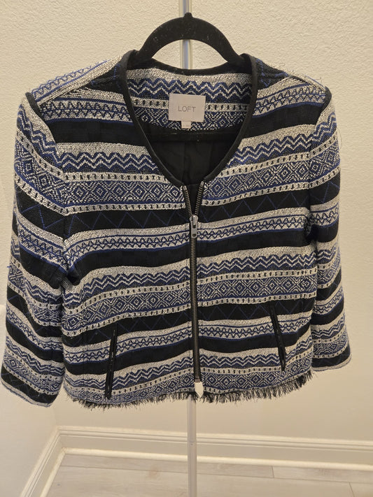 Loft Size 12 Blue White Geometric Woven Tweed Zip Jacket Fringe Trim Women's