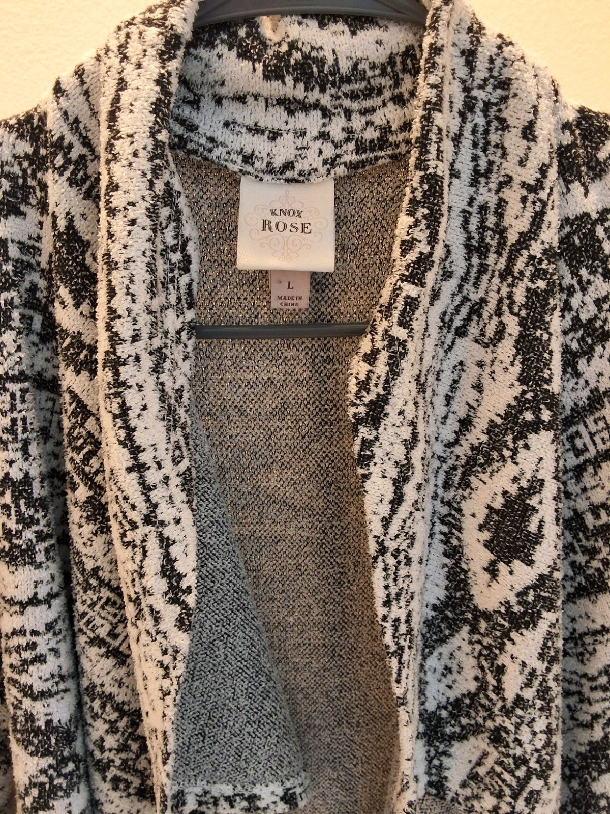 Knox Rose Large Open Front Black White Textured Sweater