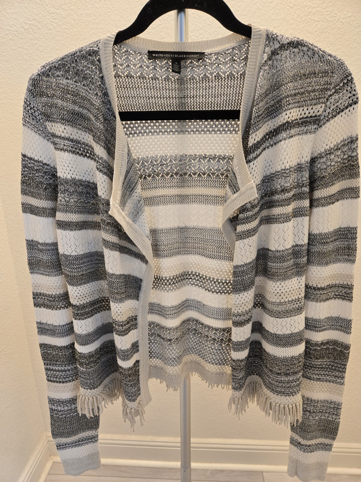White House Black Market S Gray Striped Open Knit Metallic Fringe Cardigan