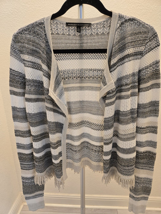 White House Black Market S Gray Striped Open Knit Metallic Fringe Cardigan