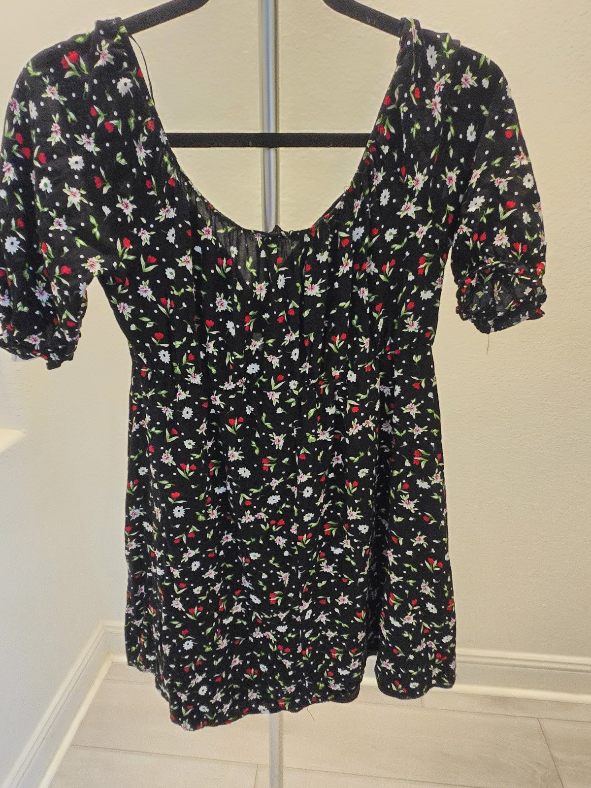 Dream Ofie L Floral Mini Dress Womens Puff Sleeve Sweetheart Neck Black Summer
