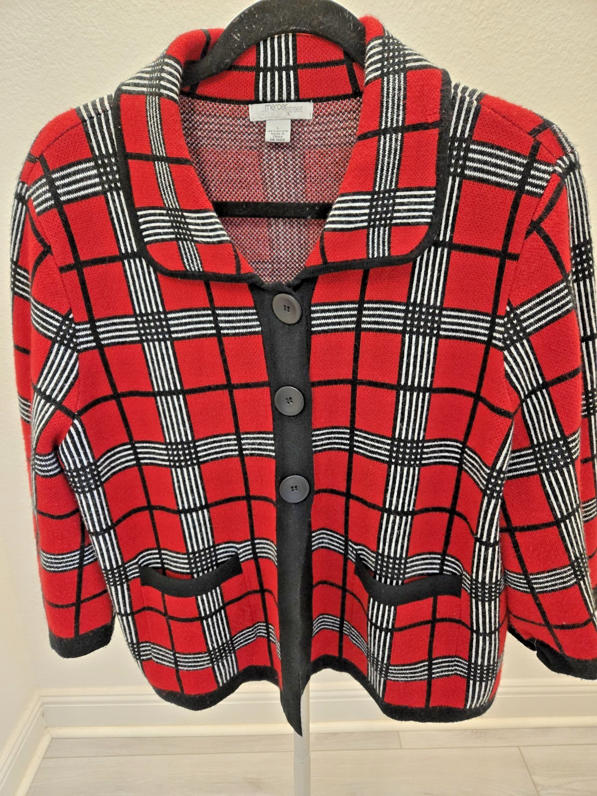 Mercer Street Studio Plaid Sweater Jacket Structured Retro Red L Dark Academia