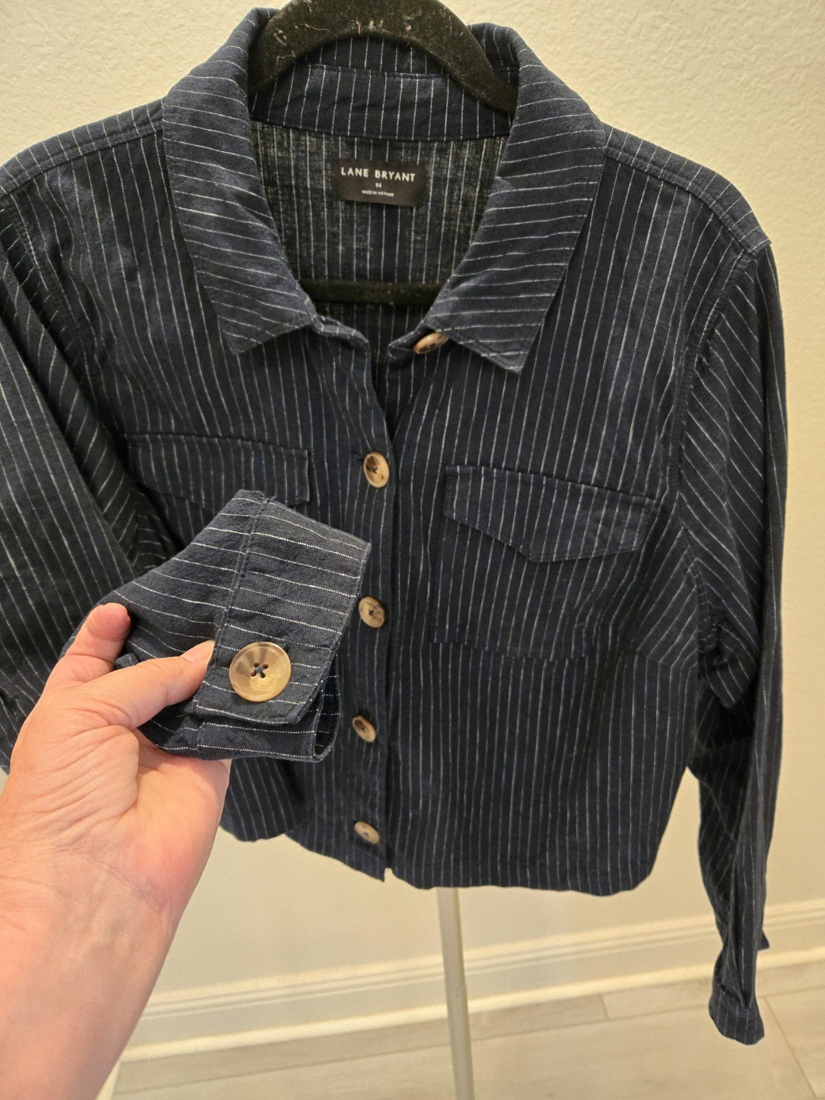 Lane Bryant Striped Linen 14 L Jacket Womens 14 Blue Cropped Shacket Pinstripe