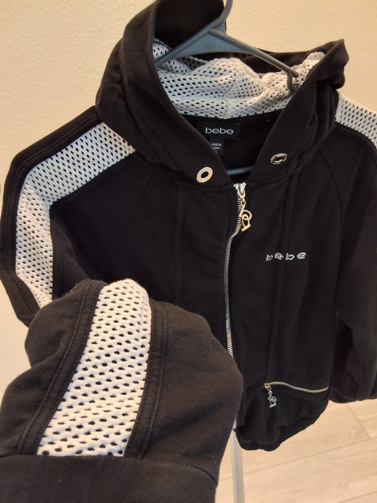 Bebe Vintage Y2K Black Full Zip Mesh L Hoodie Jacket Glam Rhinestone Logo Womens
