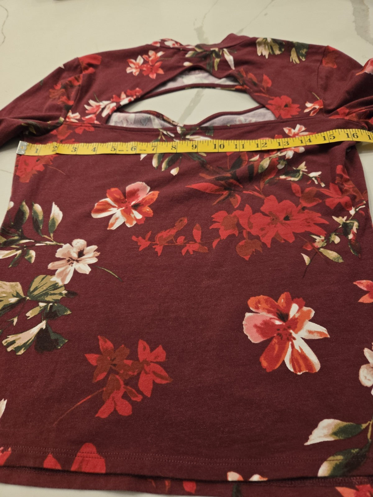 GUESS Los Angeles Large Floral Lilou Cutout Bell Sleeve Top Burgundy Mock Neck