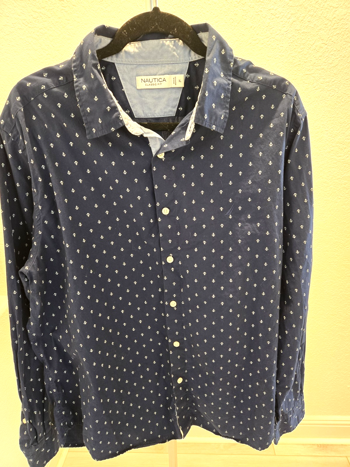 Nautica XL Anchor Print Long Sleeve Button Down Shirt Men Navy Classic Fit