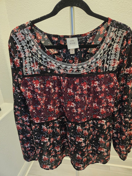 Knox Rose M Floral Embroidered Womens Tiered Long Sleeve Peasant Top Boho