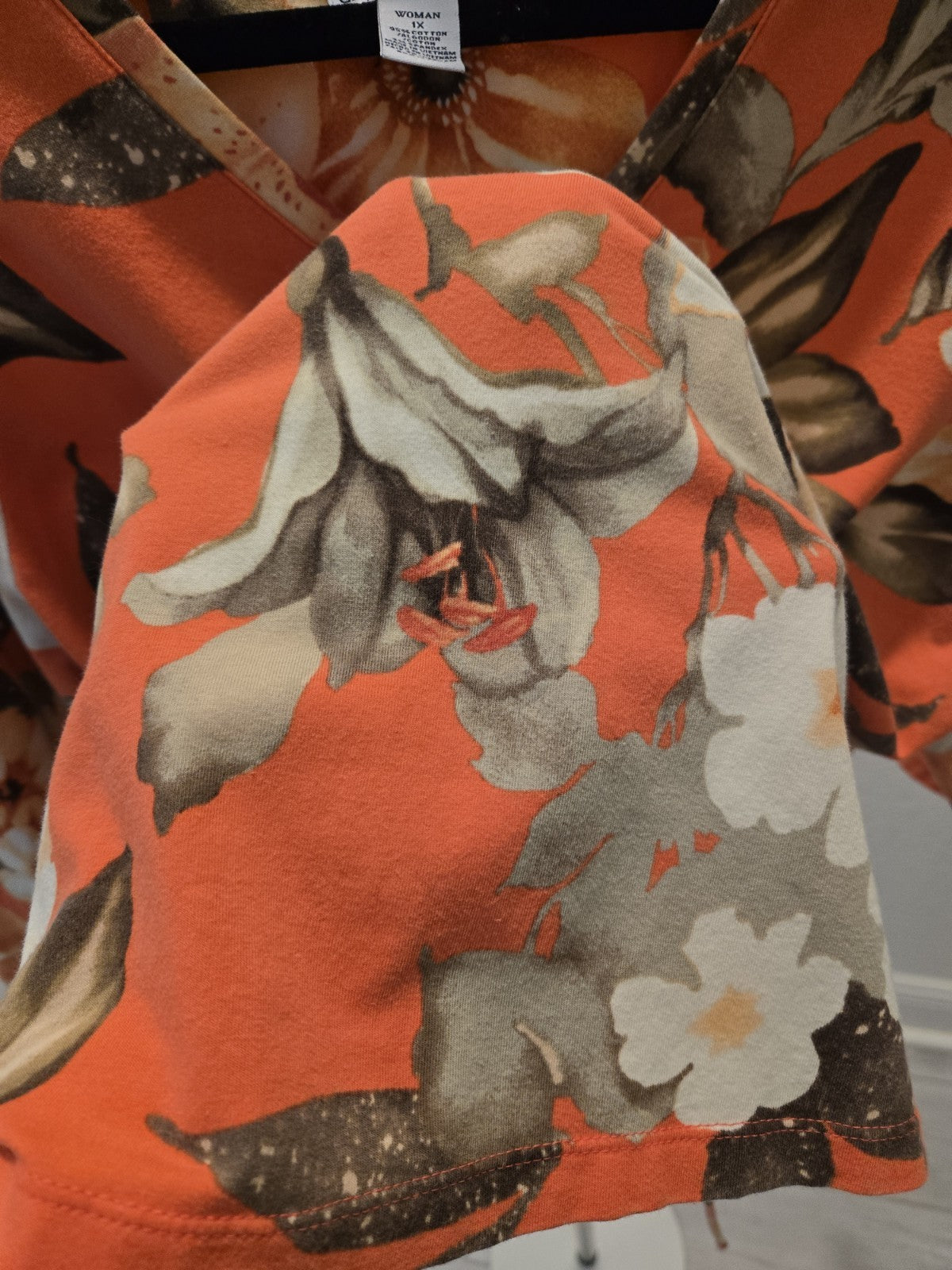 Caribbean Joe 1X Orange Tropical Floral Tunic Top Ruched Side Drawstring V-Neck