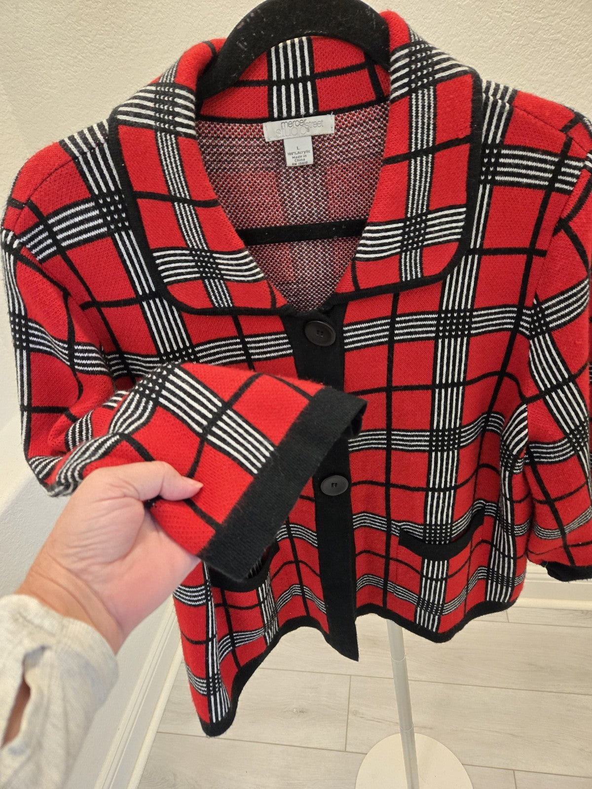Mercer Street Studio Plaid Sweater Jacket Structured Retro Red L Dark Academia
