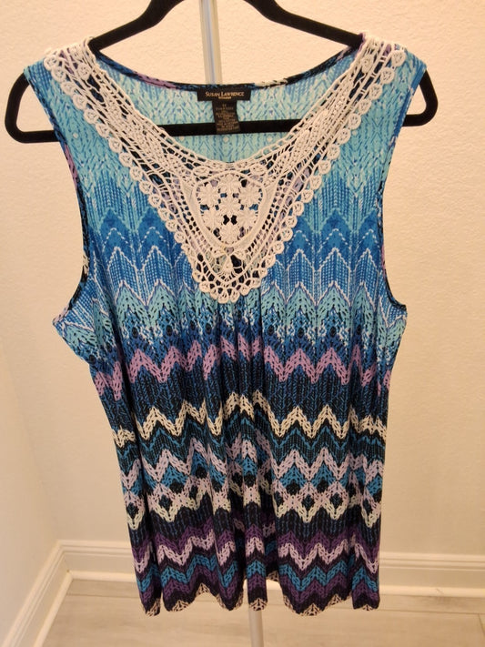 Susan Lawrence 1X Sleeveless Crochet Lace Top Chevron Strip Geometric Top
