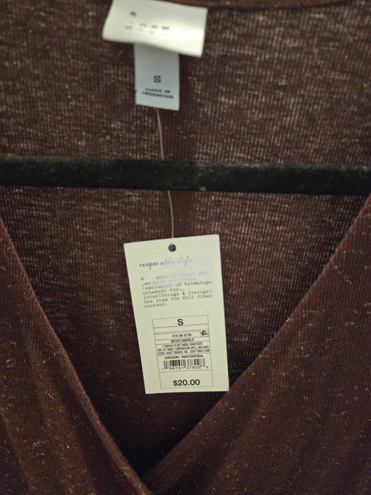 A New Day NWT Small Burgundy Glitter Wrap Top Metallic Ribbed Ruched Wine $20