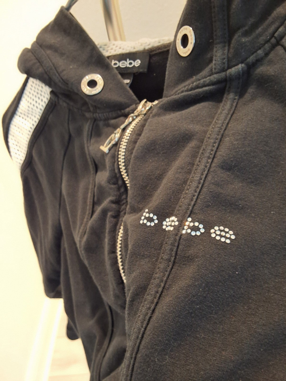 Bebe Vintage Y2K Black Full Zip Mesh L Hoodie Jacket Glam Rhinestone Logo Womens