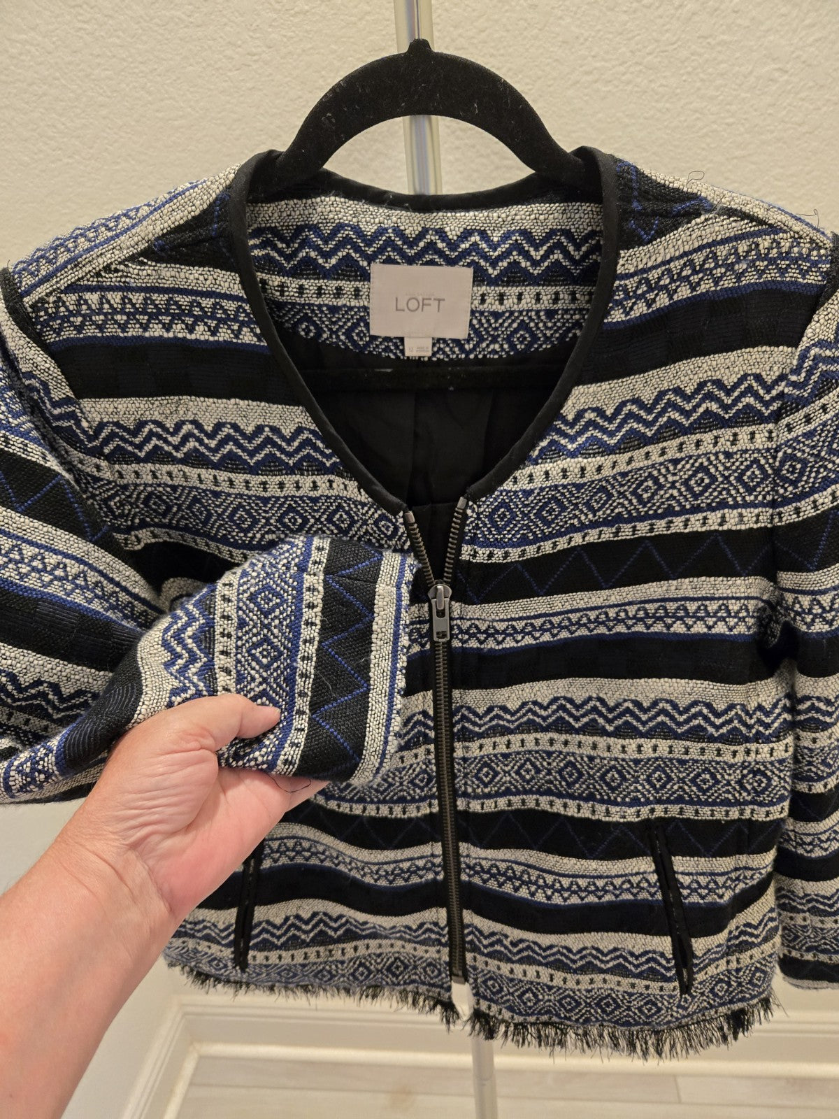 Loft Size 12 Blue White Geometric Woven Tweed Zip Jacket Fringe Trim Women's