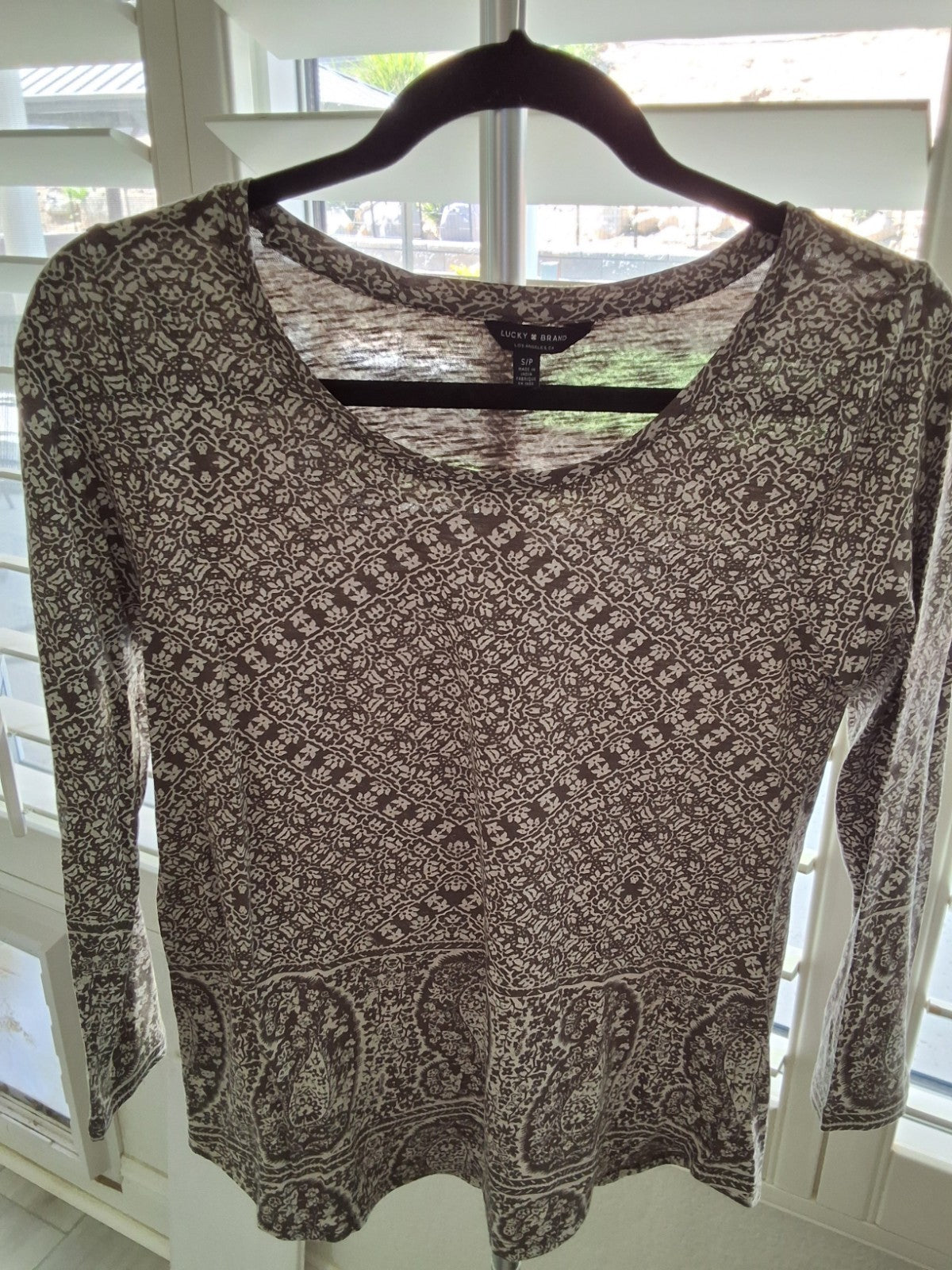 Lucky Brand Womens S/P Green White Print Long Sleeve Boho Top Paisley Top