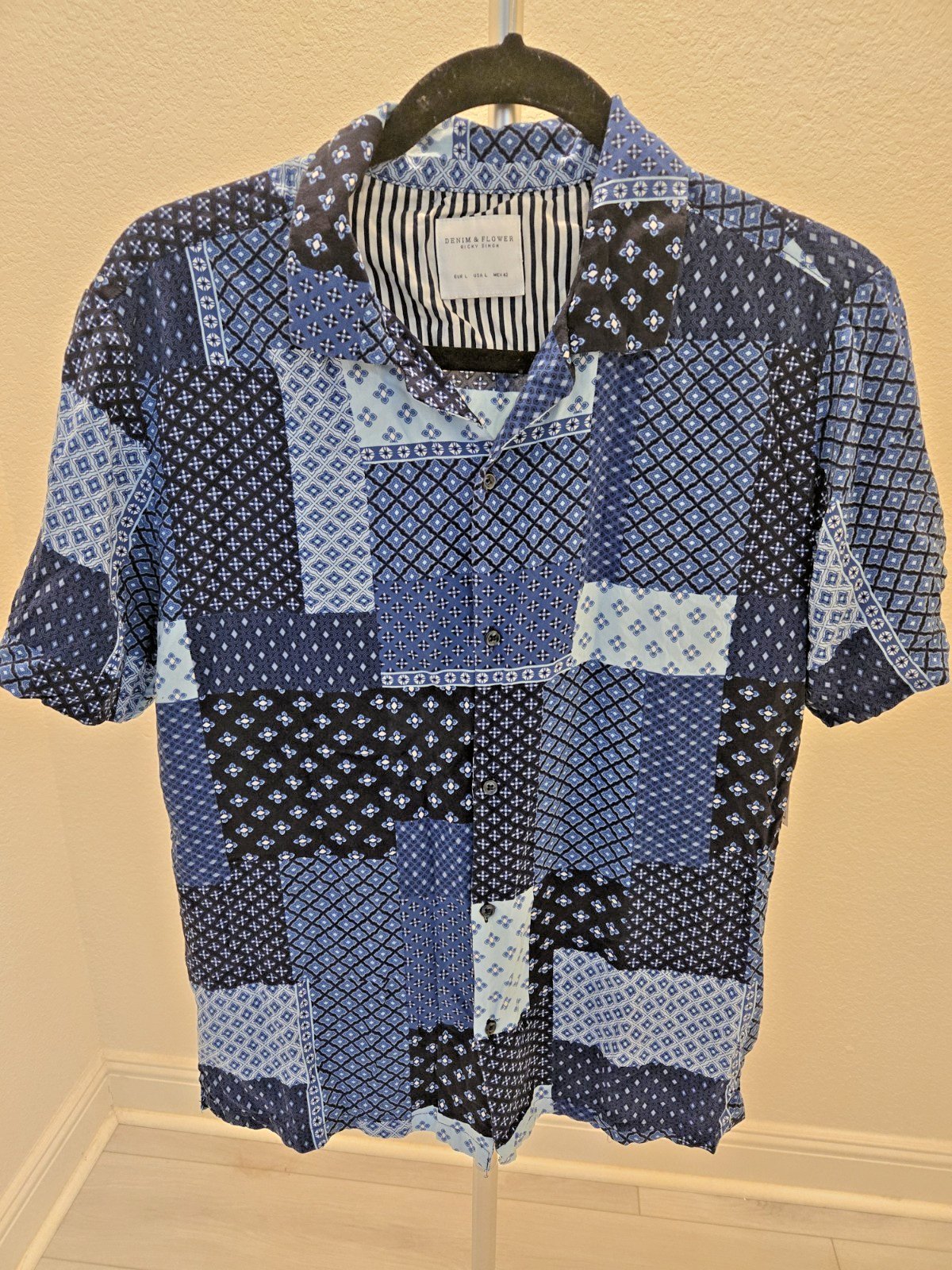 Denim & Flower Ricky Singh Patchwork Shirt L Mens Blue Paisley Bandana Medalion