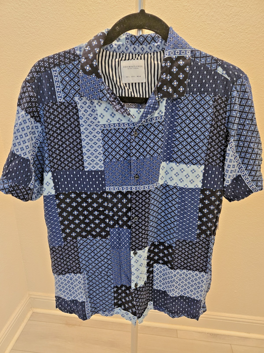 Denim & Flower Ricky Singh Patchwork Shirt L Mens Blue Paisley Bandana Medalion