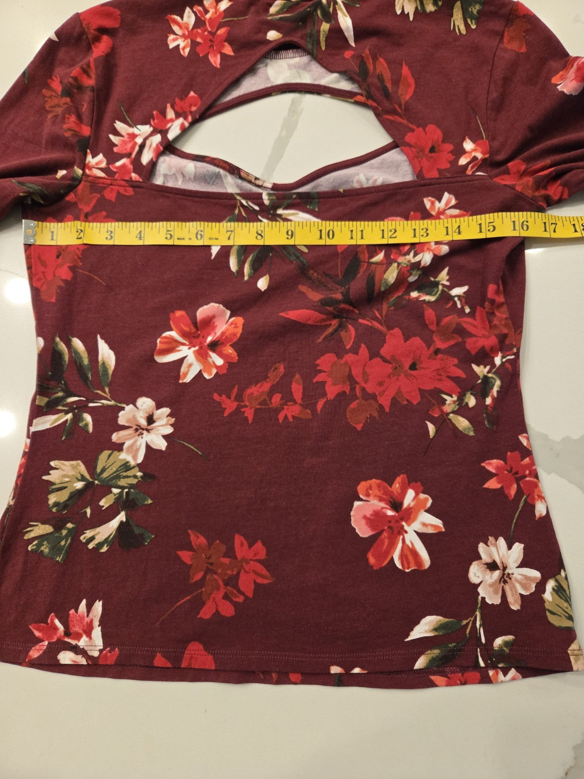 GUESS Los Angeles Large Floral Lilou Cutout Bell Sleeve Top Burgundy Mock Neck