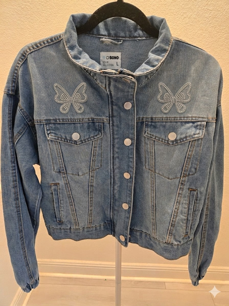 Ci Sono Denim Jacket L Womens Blue Cropped Asymmetric Zip Trucker