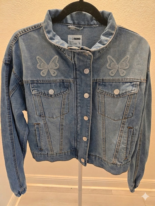 Ci Sono Denim Jacket L Womens Blue Cropped Asymmetric Zip Trucker