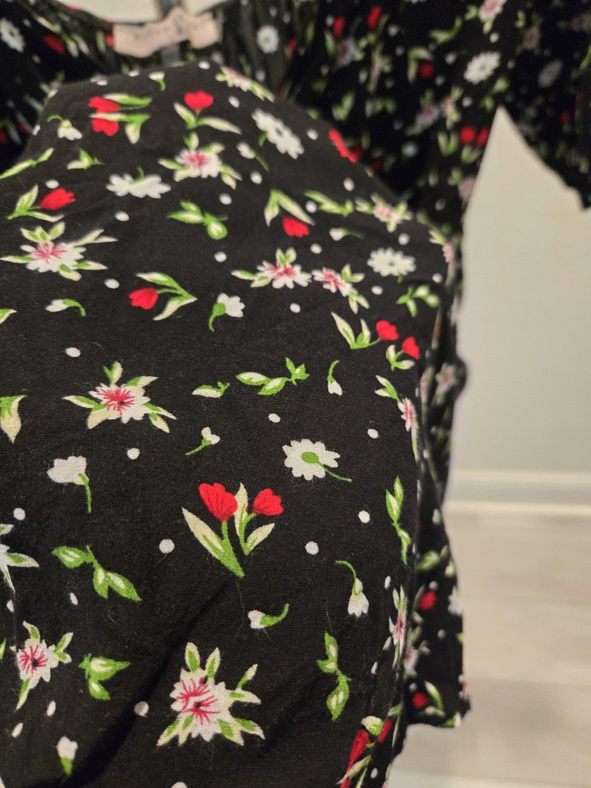 Dream Ofie L Floral Mini Dress Womens Puff Sleeve Sweetheart Neck Black Summer