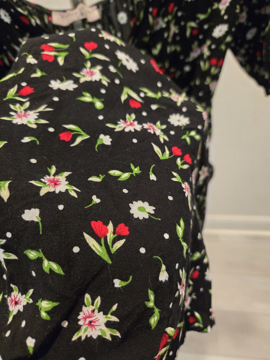 Dream Ofie L Floral Mini Dress Womens Puff Sleeve Sweetheart Neck Black Summer