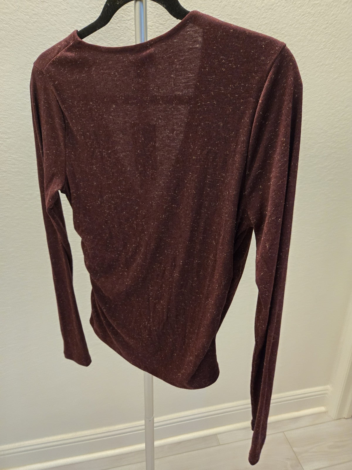 A New Day NWT Small Burgundy Glitter Wrap Top Metallic Ribbed Ruched Wine $20