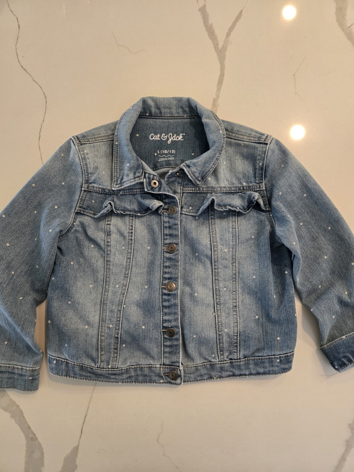 Cat & Jack L 10/12 Polka Dot Ruffle Denim Jacket Kids Girls Blue Jean Trucker