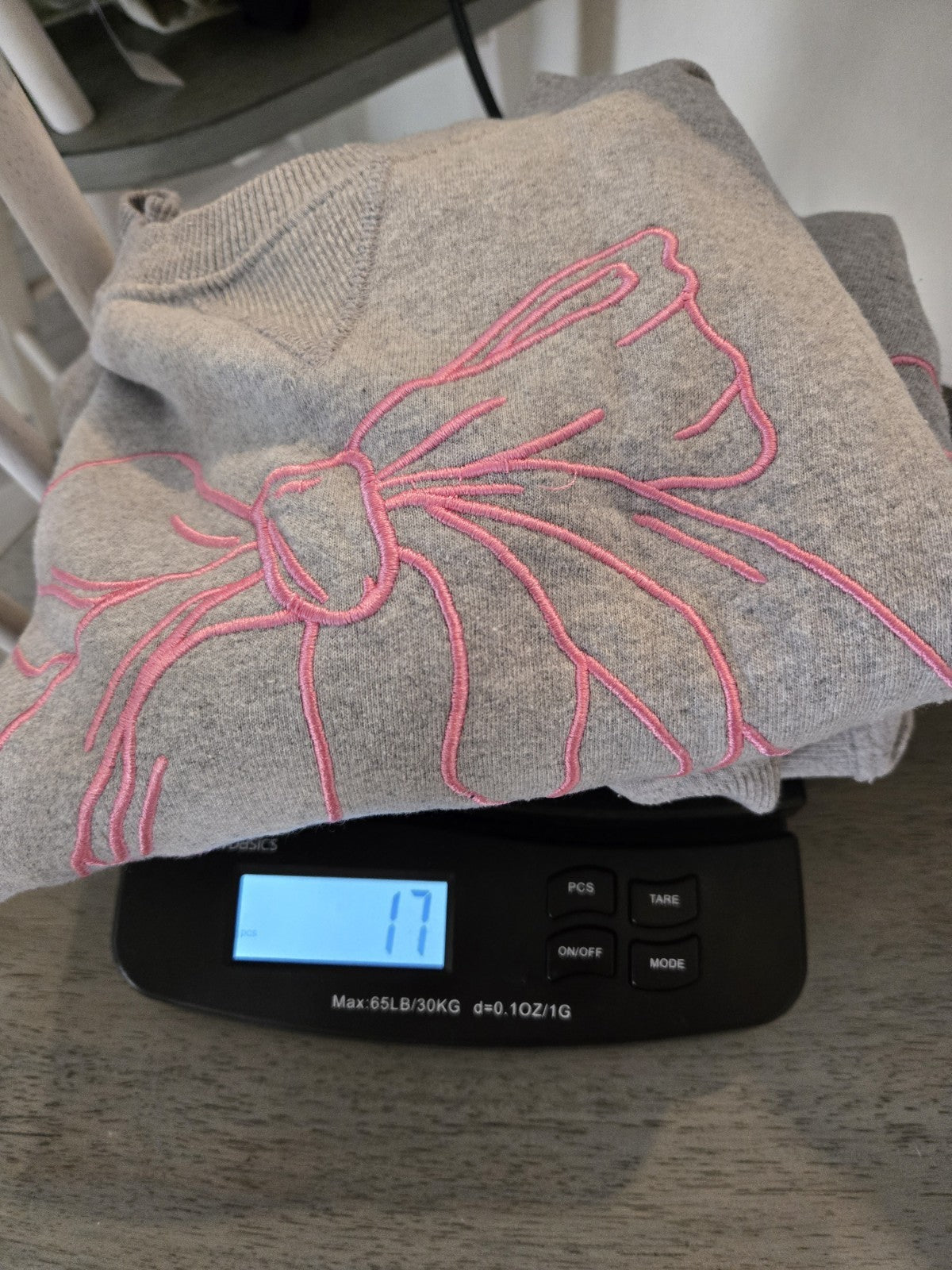 Good Vibes Only Bow Embroidered Pink Ribbon Sweatshirt L Womens Grey Crewneck