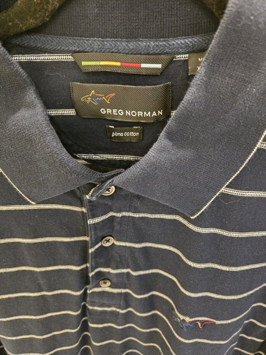 Greg Norman Men's L Navy Blue Striped Polo Classic Preppy Nautical Casual Shirt