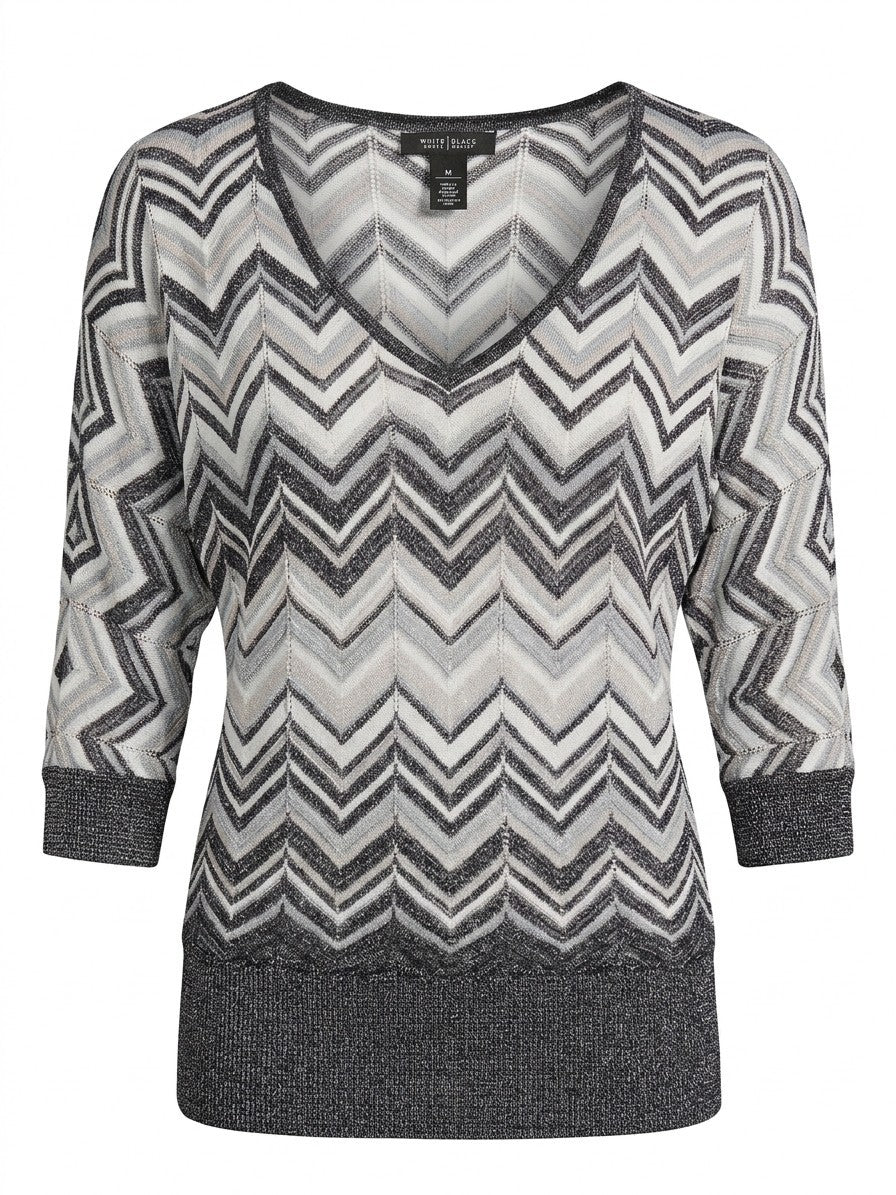 WHBM Metallic Chevron Knit Sweater M Gray Silver Shimmer V-Neck Dolman Y2K