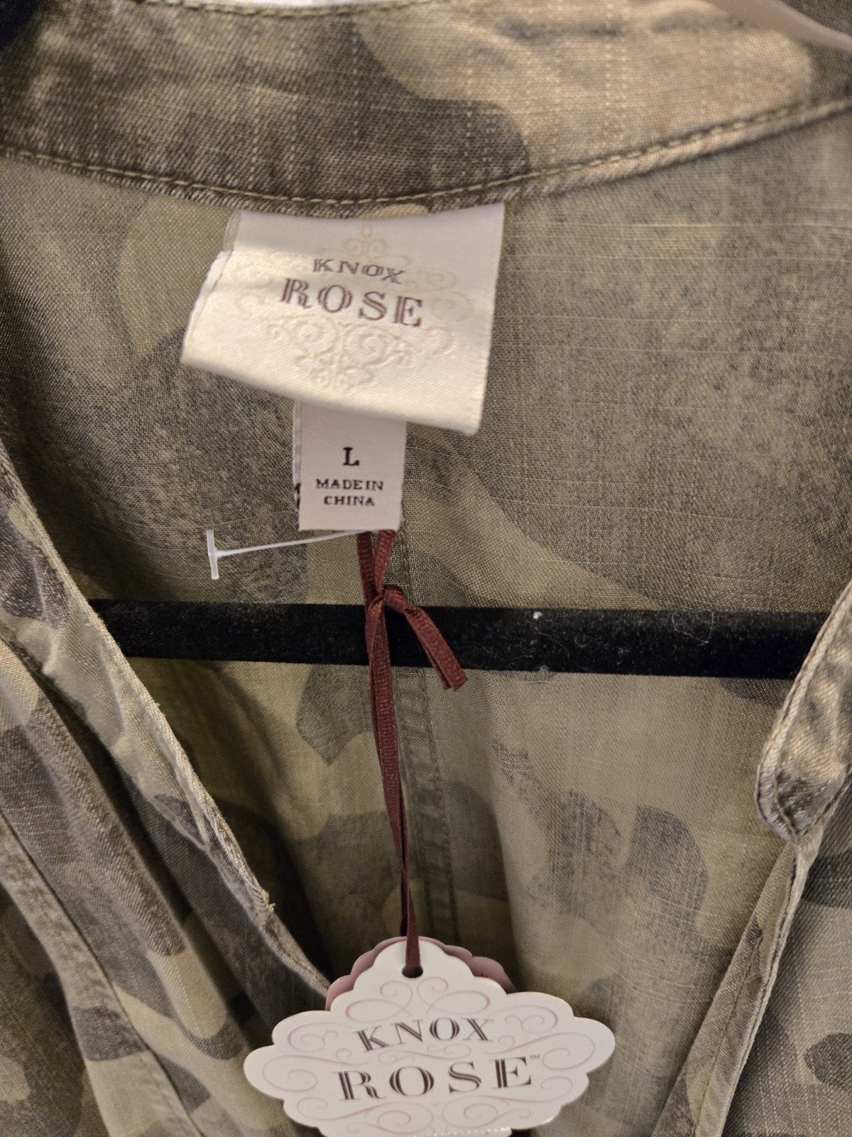 Knox Rose NWT Camo Utility Jacket L Draped Open Front Drawstring Tie Waist Boho