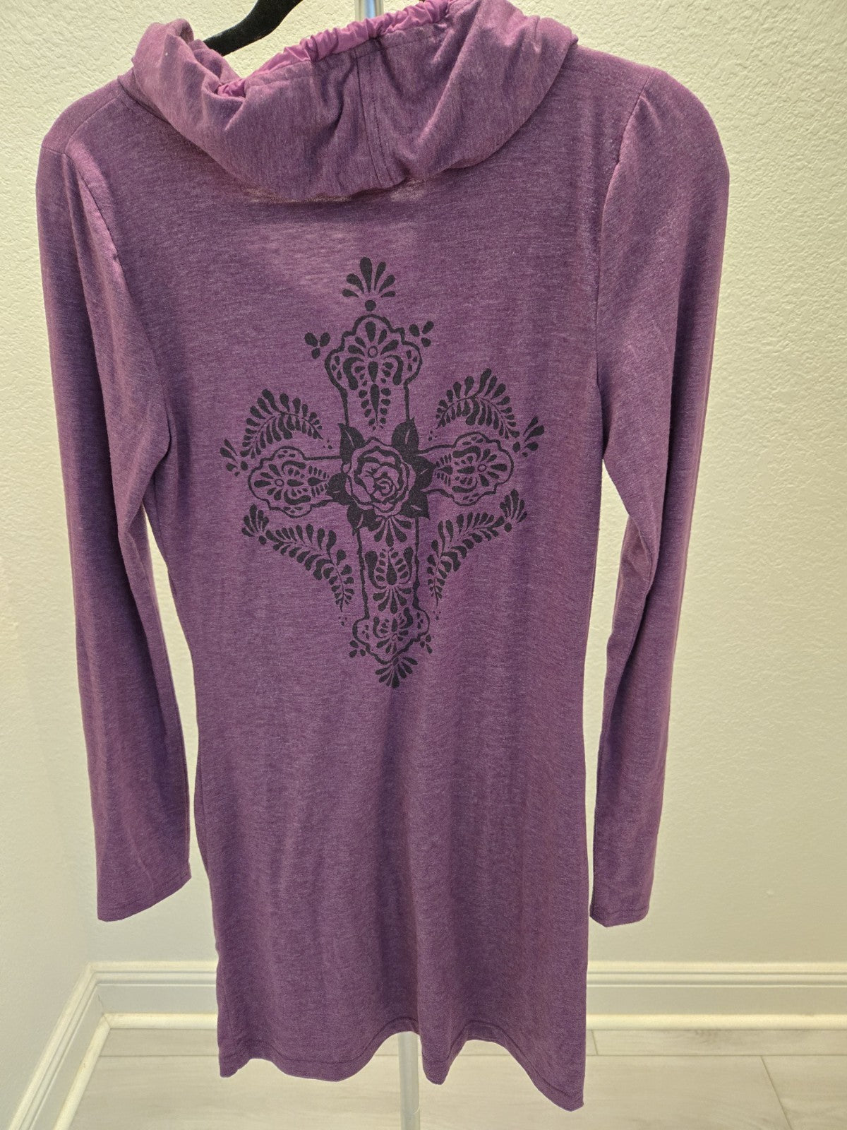 Uncle Frank Small Purple Hooded Dress Cross Rose Graphic Back Tunic Boho Knit