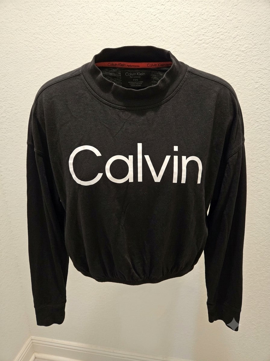 Calvin Klein Performance L Black Cropped Graphic Cinched Sweatshirt Pullover