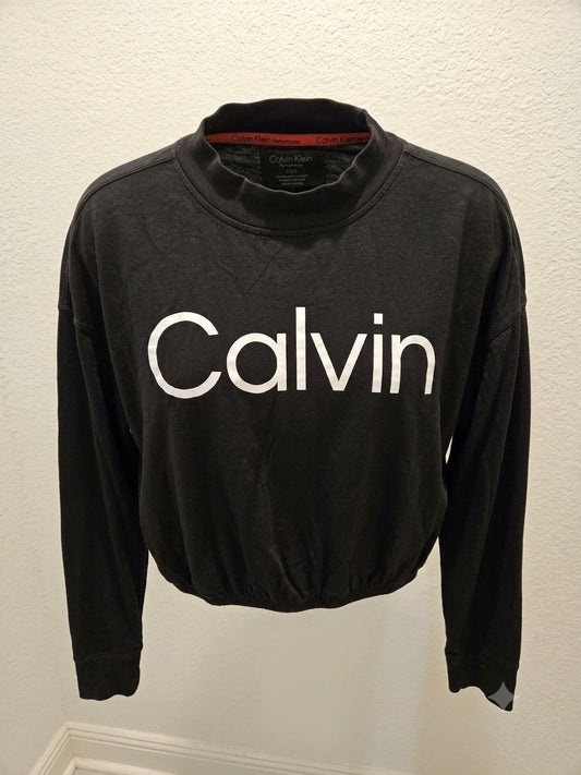Calvin Klein Performance L Black Cropped Graphic Cinched Sweatshirt Pullover