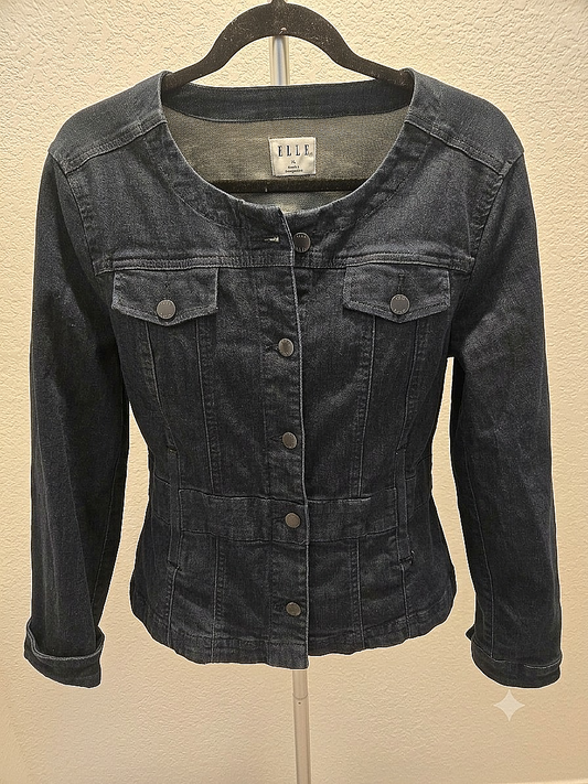 ELLE Dark Wash Denim Jacket XL Womens Collarless Cropped Jean Classic