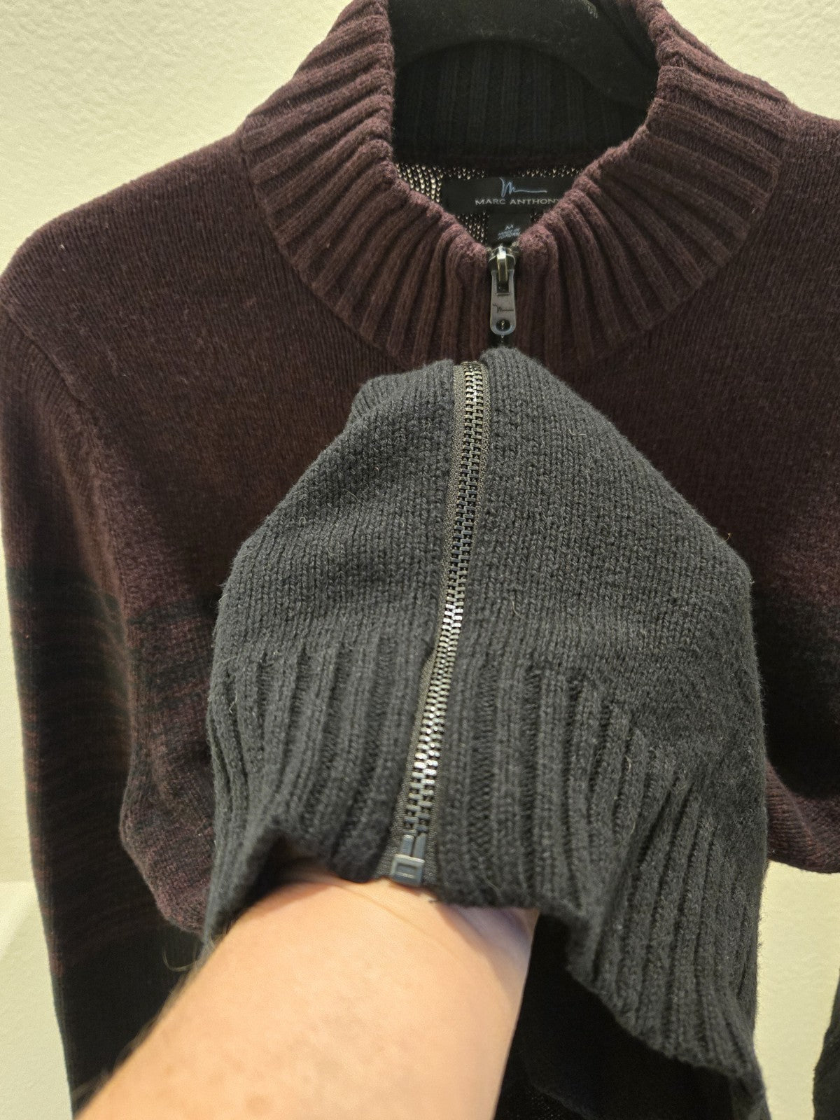 Marc Anthony Full Zip Mock Neck Block Burgundy Black Cardigan NWOT M Men's