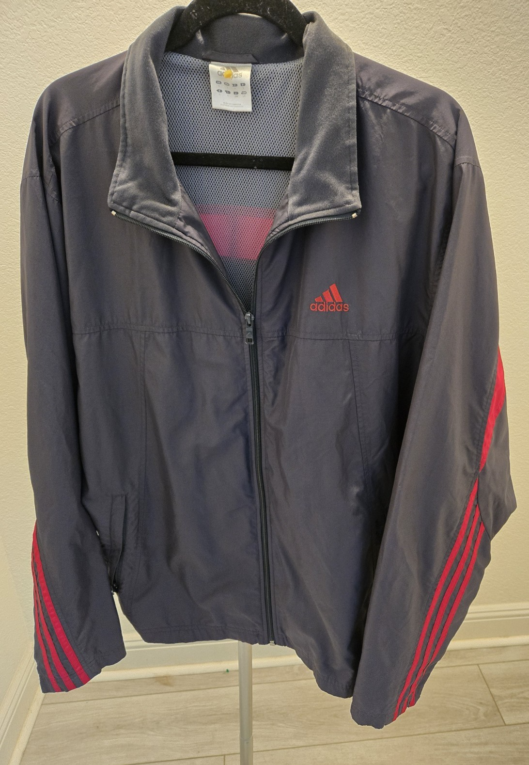Adidas Windbreaker Track Jacket Mens Navy Blue Red 3 Stripe Full Zip Mesh